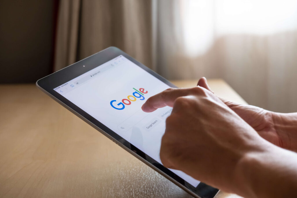 Google's homepage and logo on tablet