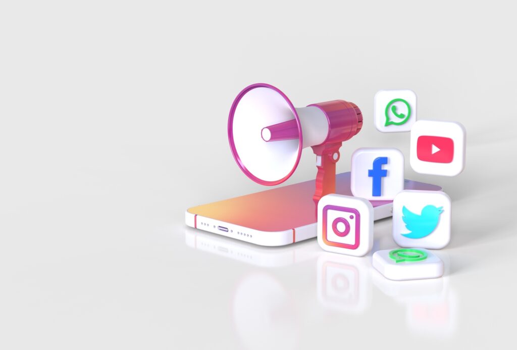 Social media icons and a megaphone