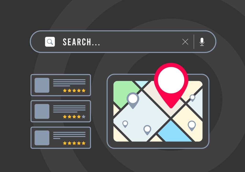 A browser with a local business listing, map, and a red pin icon