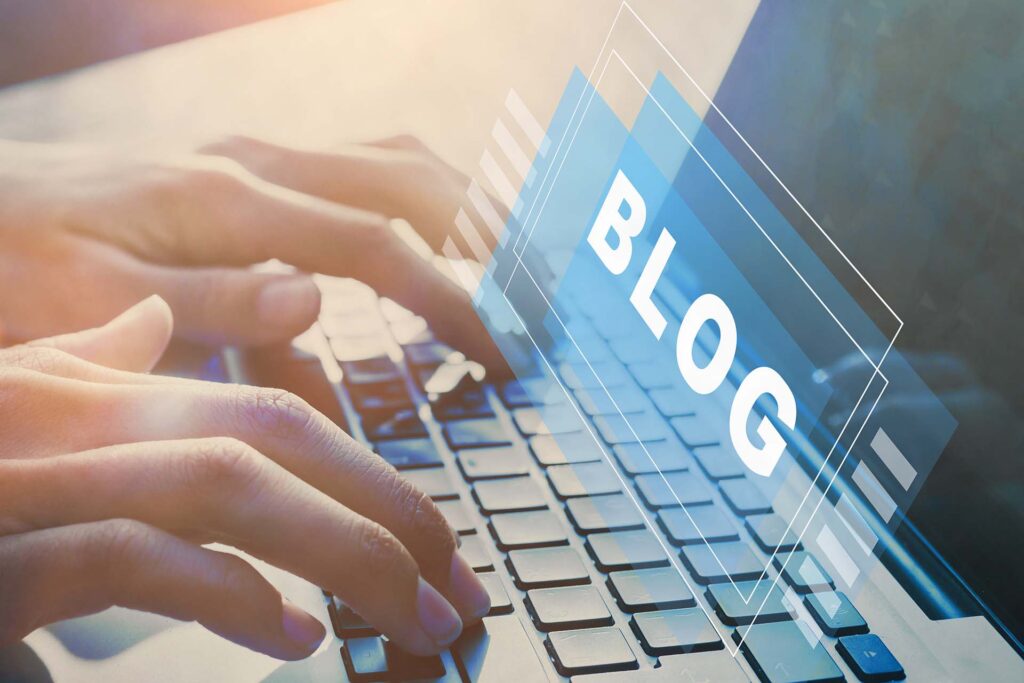 blog concept, blogger hands typing on keyboard, blogging