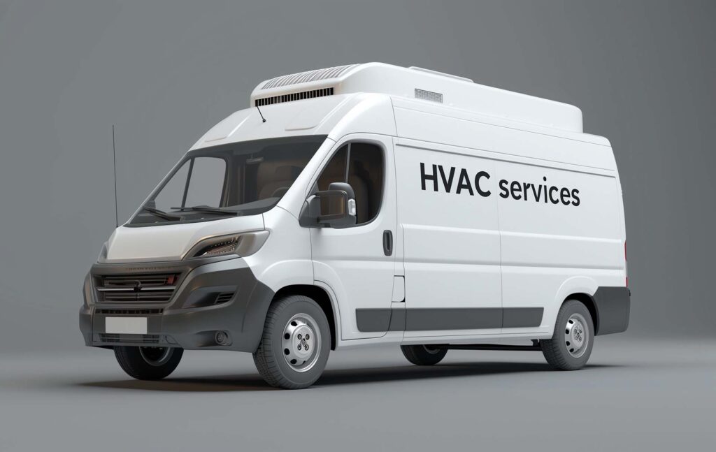 HVAC service concept. A brand new white van with HVAC written prominently on the side, parked in a residential neighborhood, ready for professional heating, ventilation, and air conditioning services